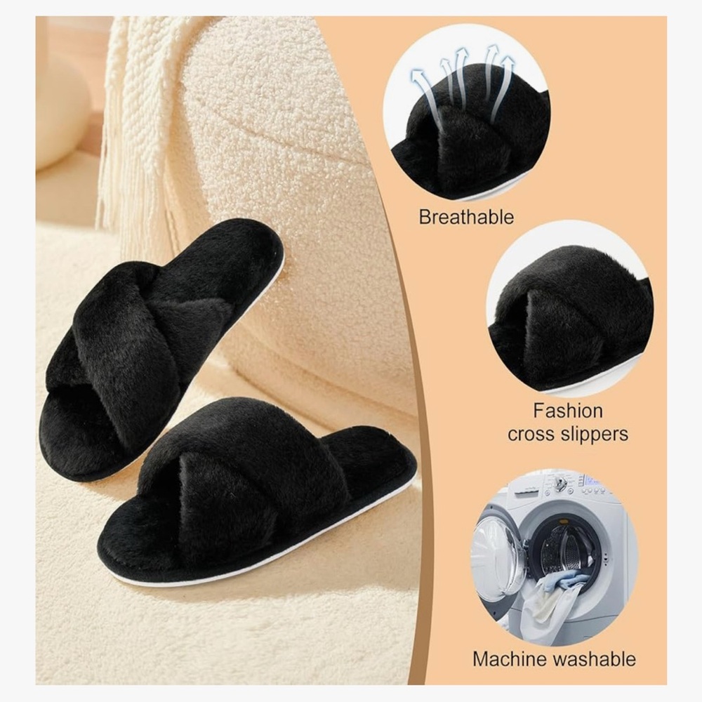 Cozy Black Furry Slippers size 7-8 New - Picture 3 of 4